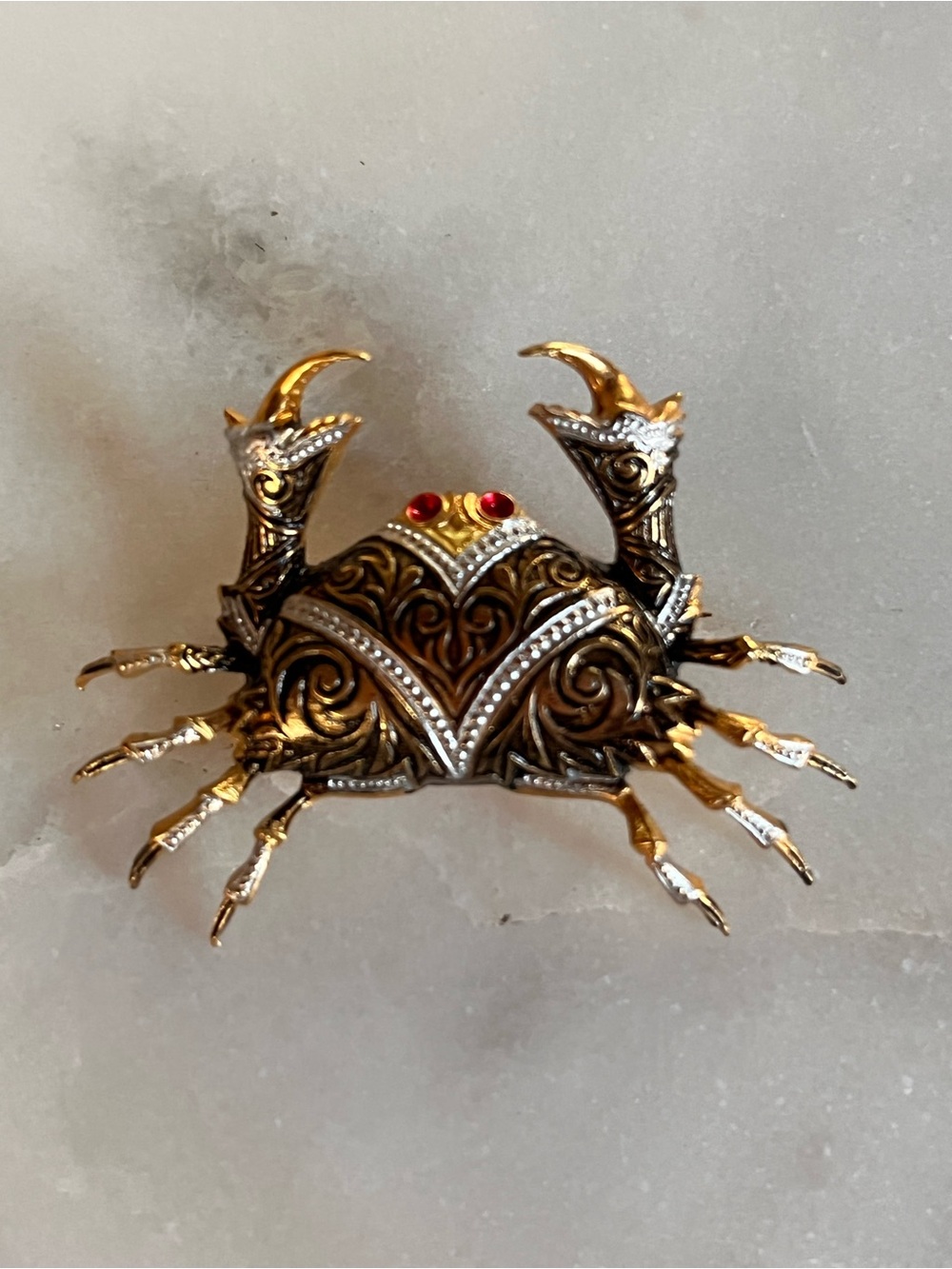 Vintage Two-Tone Gold Silver Crab Brooch Pin Red Rhinestone Eyes Damascene Style